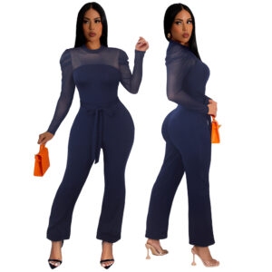 Plain Crew Neck Splice Bandage Elegant Jumpsuit
