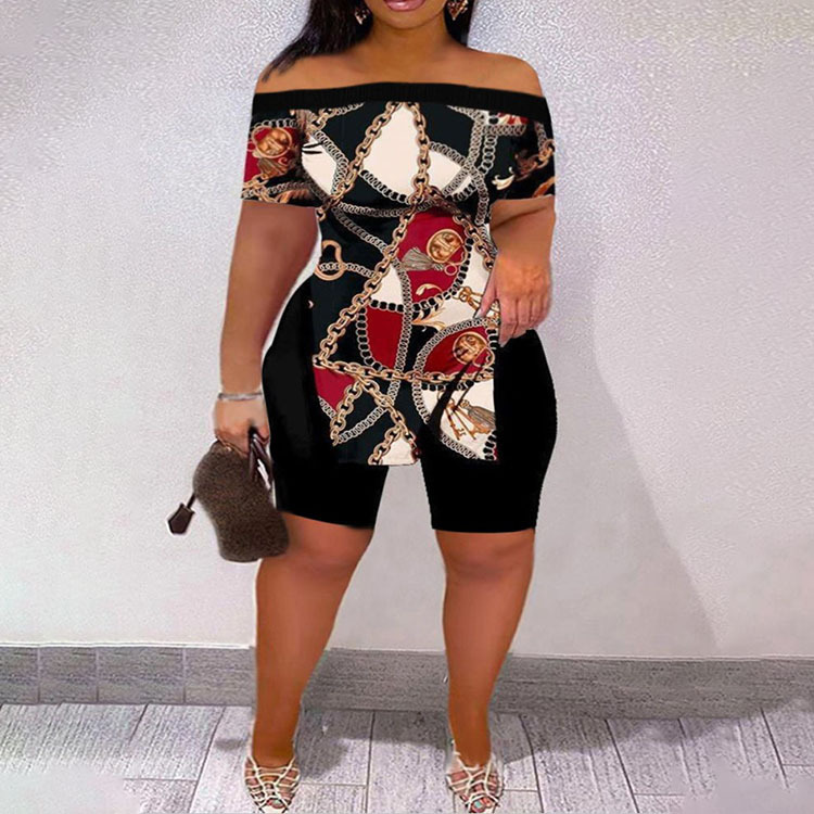 Print Off Shoulder Short Sleeve Split Shorts Set - Image 3