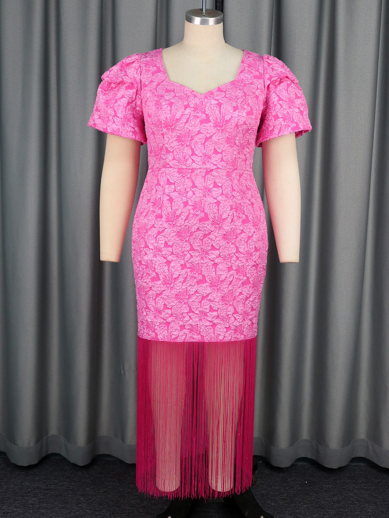 Print Square Neck Puff Sleeve Tassel Elegant Dress - Image 6
