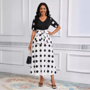 Dot Printing V-Neck Short Sleeve A-Line Work Elegant Dress