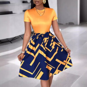 Color Block Print Splice Crew Neck Short Sleeve Dress
