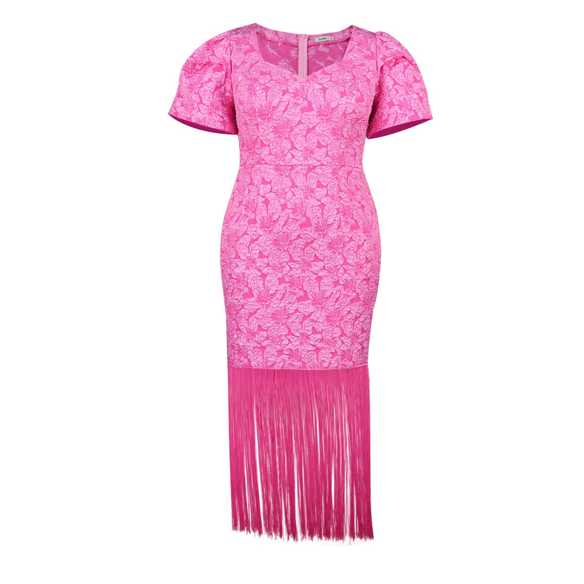 Print Square Neck Puff Sleeve Tassel Elegant Dress - Image 5