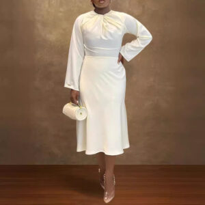 Elegant Pleated Collar Trumpet Sleeve Dress