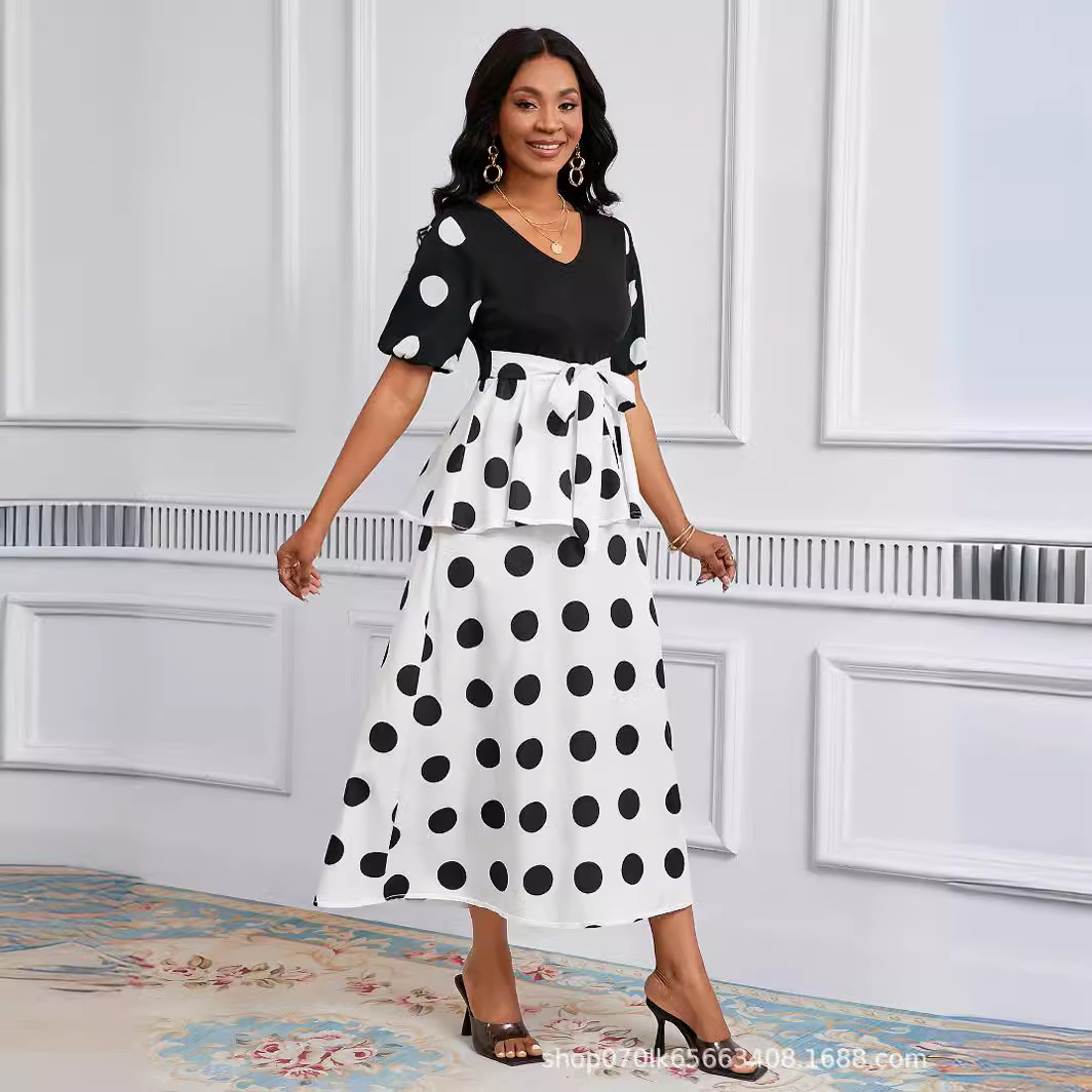 Dot Printing V-Neck Short Sleeve A-Line Work Elegant Dress - Image 2