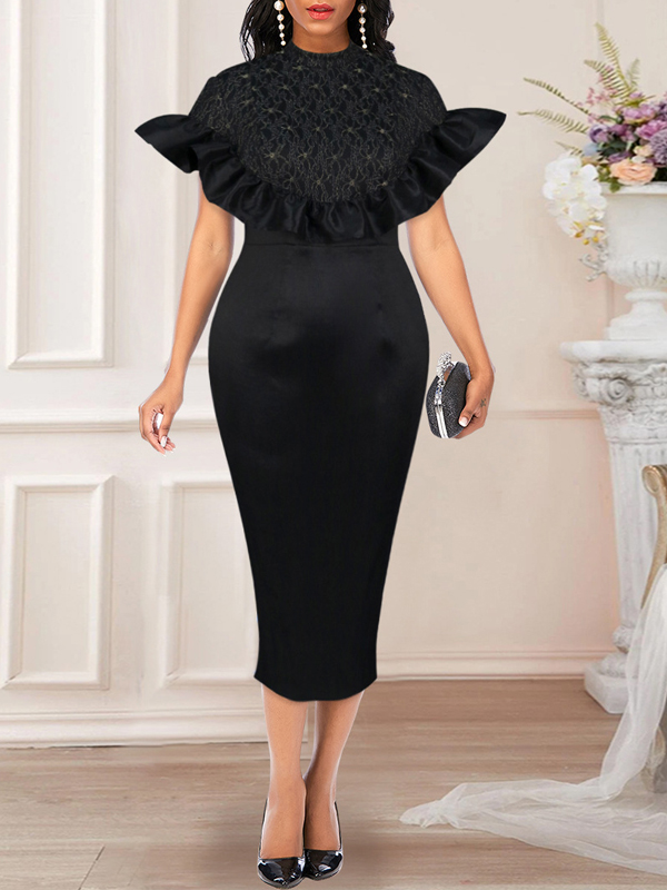 Plain Half High Collar Splice Ruffle High Waist Elegant Dress - Image 2