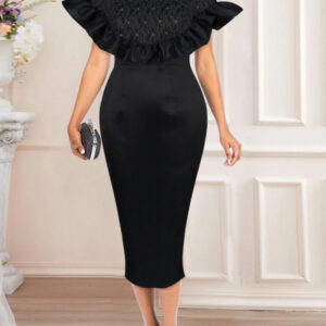 Plain Half High Collar Splice Ruffle High Waist Elegant Dress