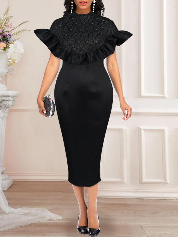 Plain Half High Collar Splice Ruffle High Waist Elegant Dress