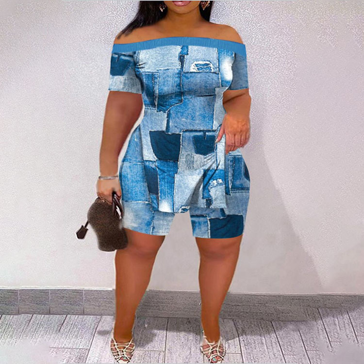 Print Off Shoulder Short Sleeve Split Shorts Set - Image 4