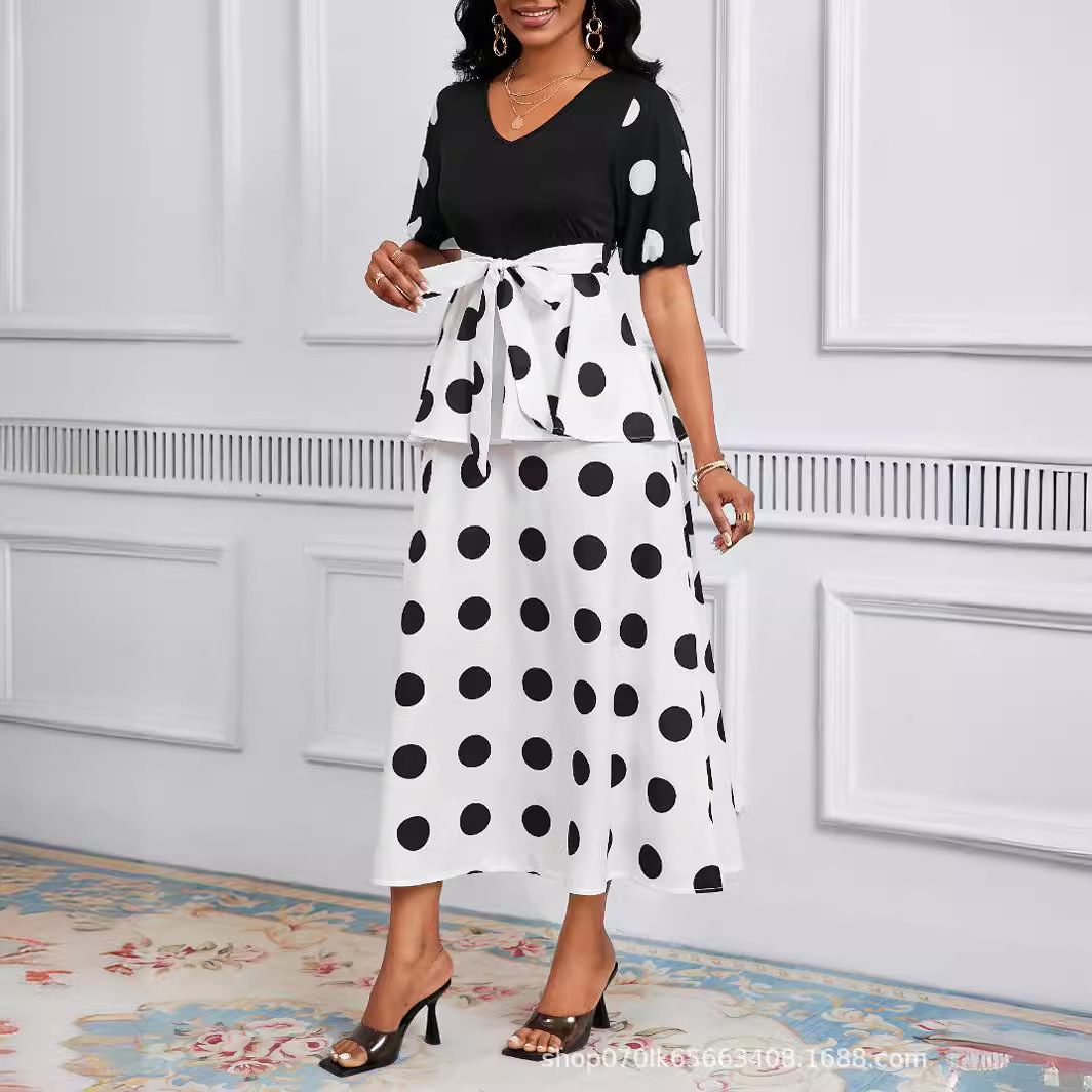 Dot Printing V-Neck Short Sleeve A-Line Work Elegant Dress - Image 3