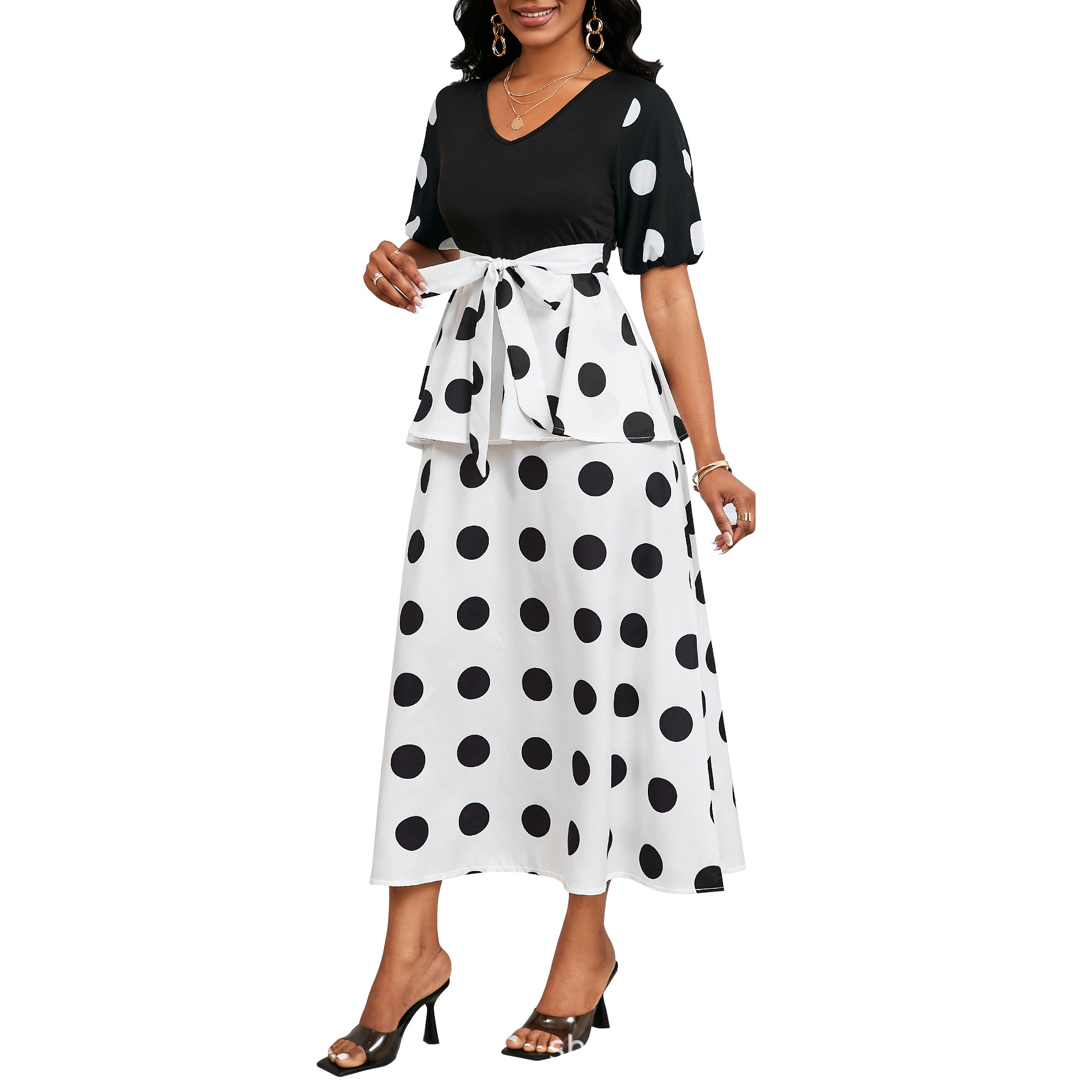 Dot Printing V-Neck Short Sleeve A-Line Work Elegant Dress - Image 5