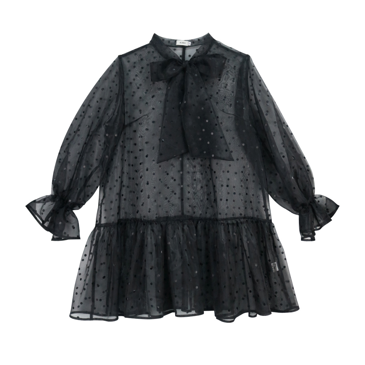 Dot Bowknot Puff Sleeve Ruffle Casual Dress - Image 5