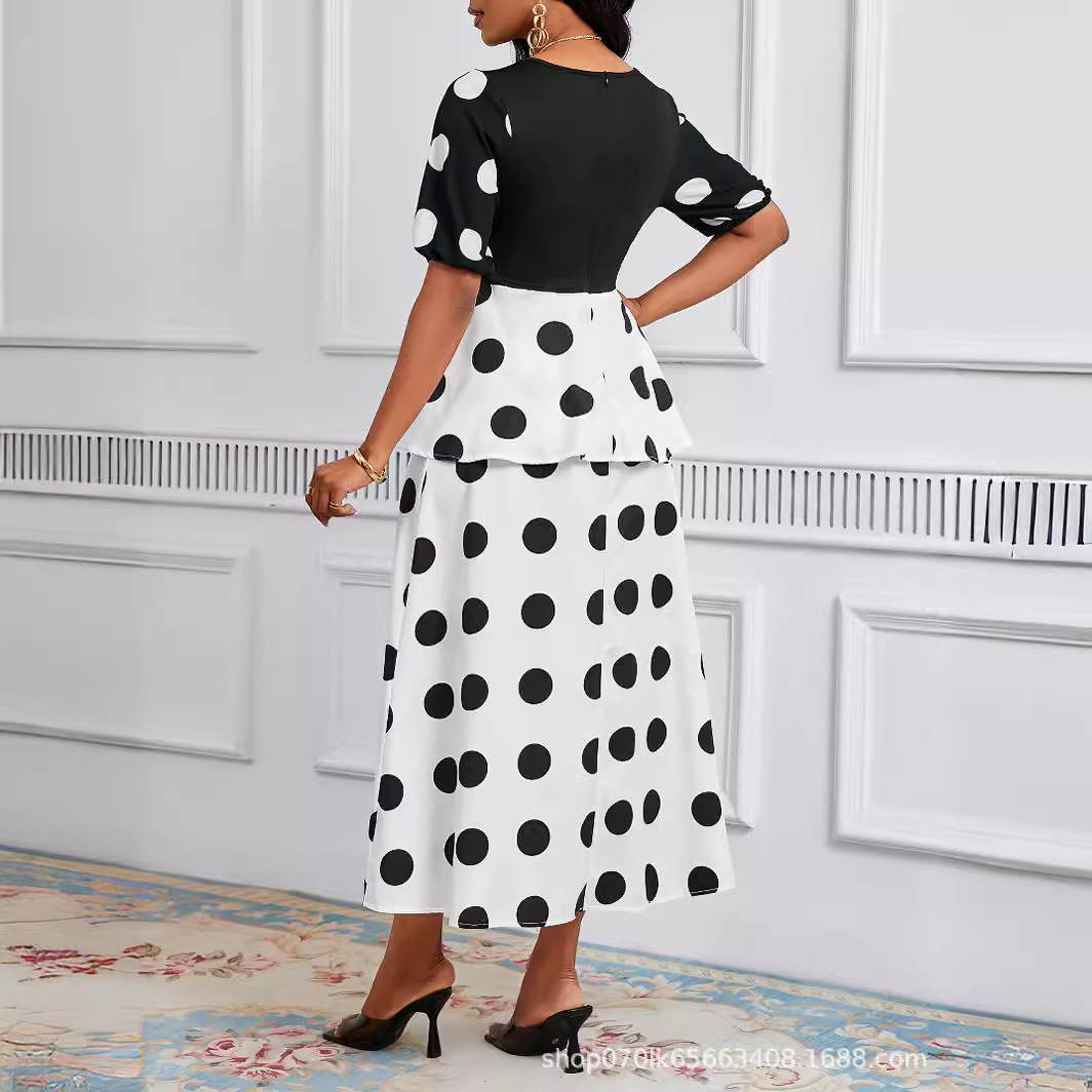 Dot Printing V-Neck Short Sleeve A-Line Work Elegant Dress - Image 4