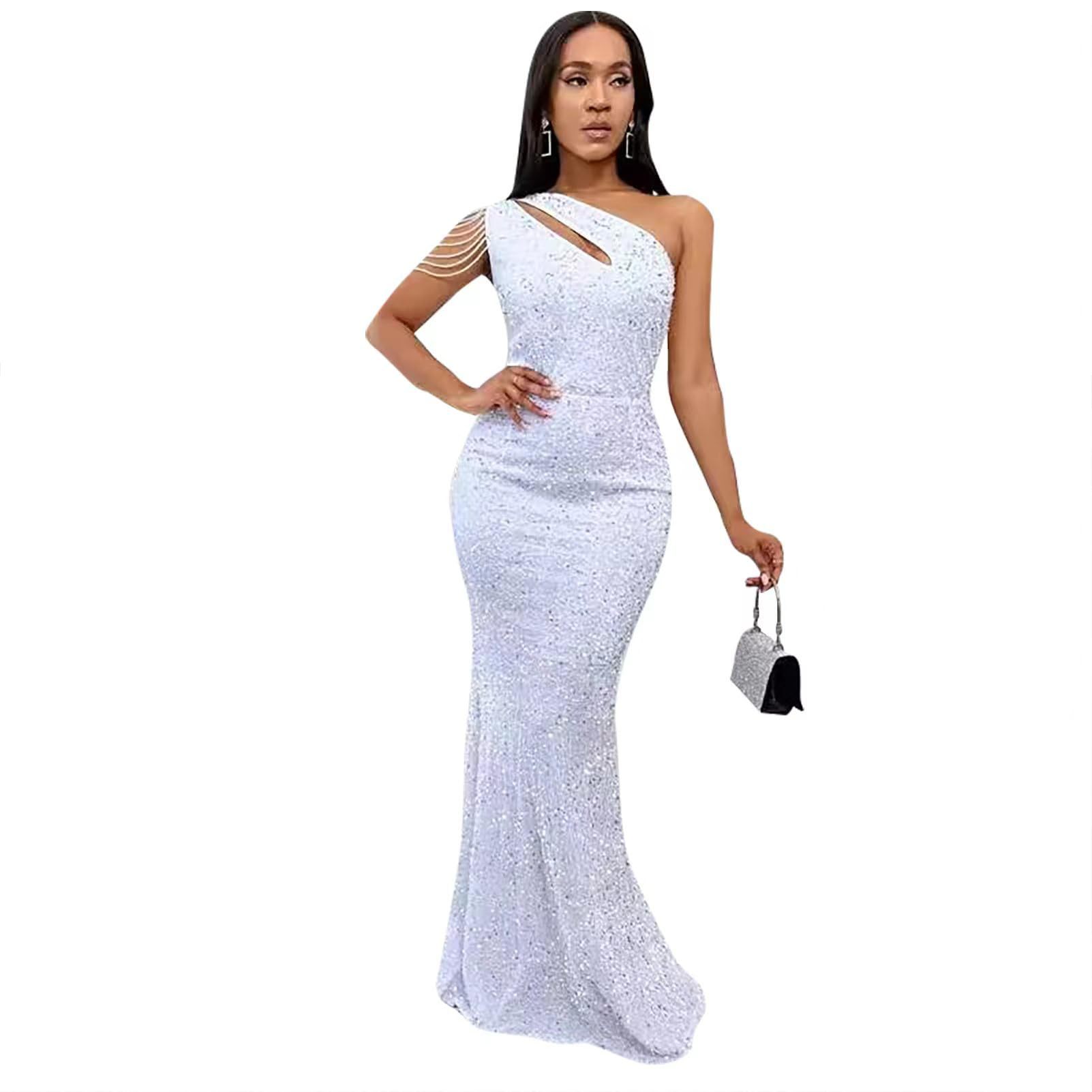 Women's Sequined One-shoulder Solid Color Backless Fishtail Evening Dress - Image 5