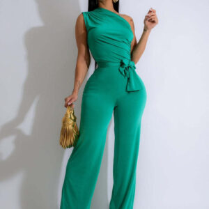 Plain Wryshoulder Sleeveless Bandage Elegant Jumpsuit