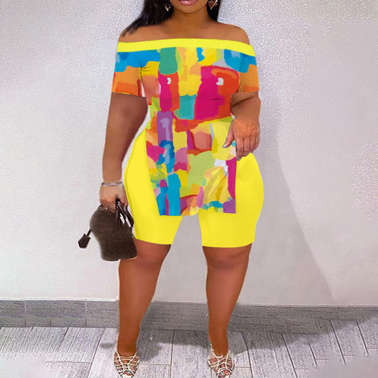 Print Off Shoulder Short Sleeve Split Shorts Set - Image 2