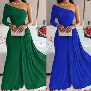 Plain Wryshoulder Long Sleeve Asymmetrical Elegant Dress