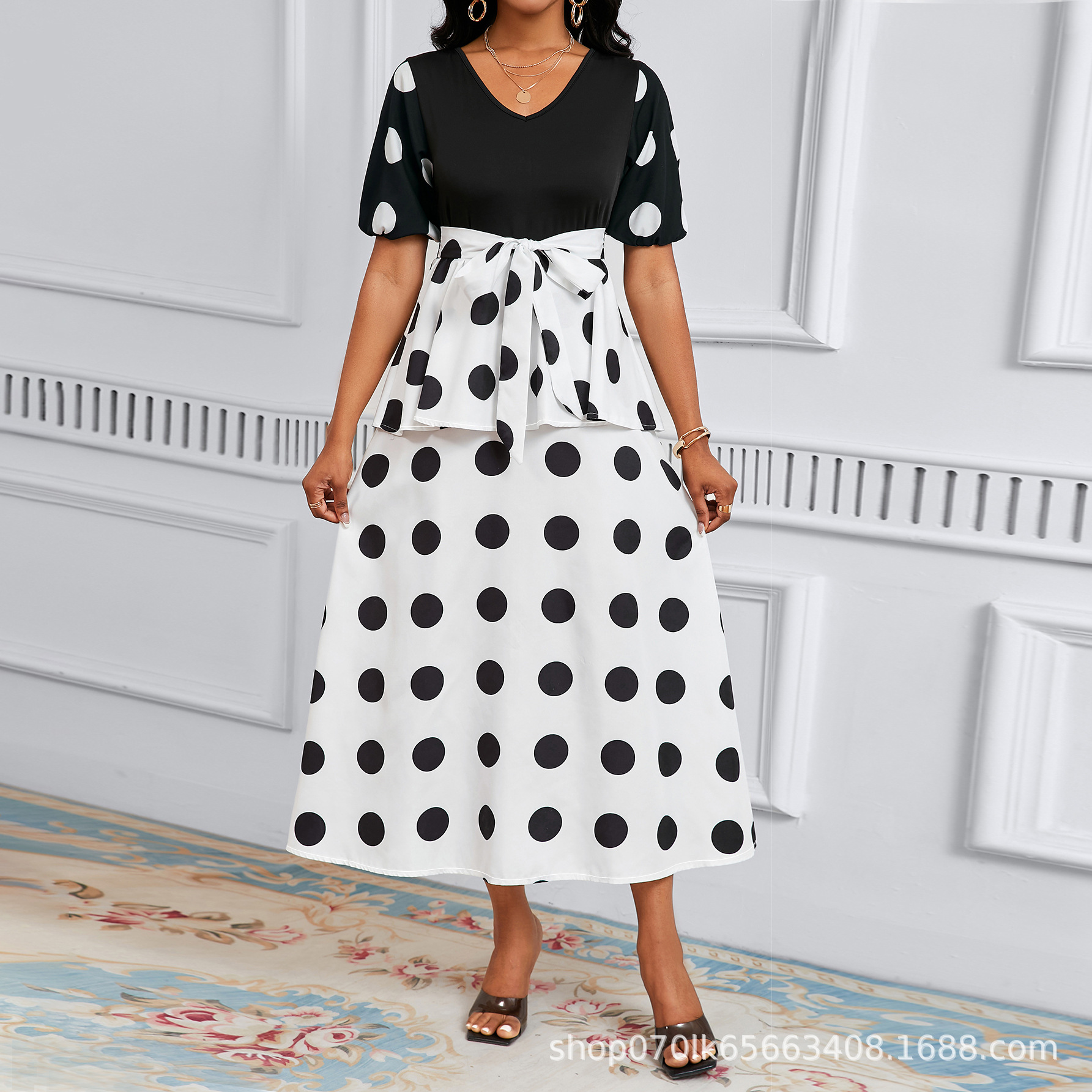 Dot Printing V-Neck Short Sleeve A-Line Work Elegant Dress - Image 6