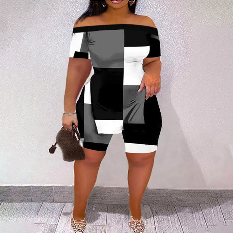 Print Off Shoulder Short Sleeve Split Shorts Set - Image 6