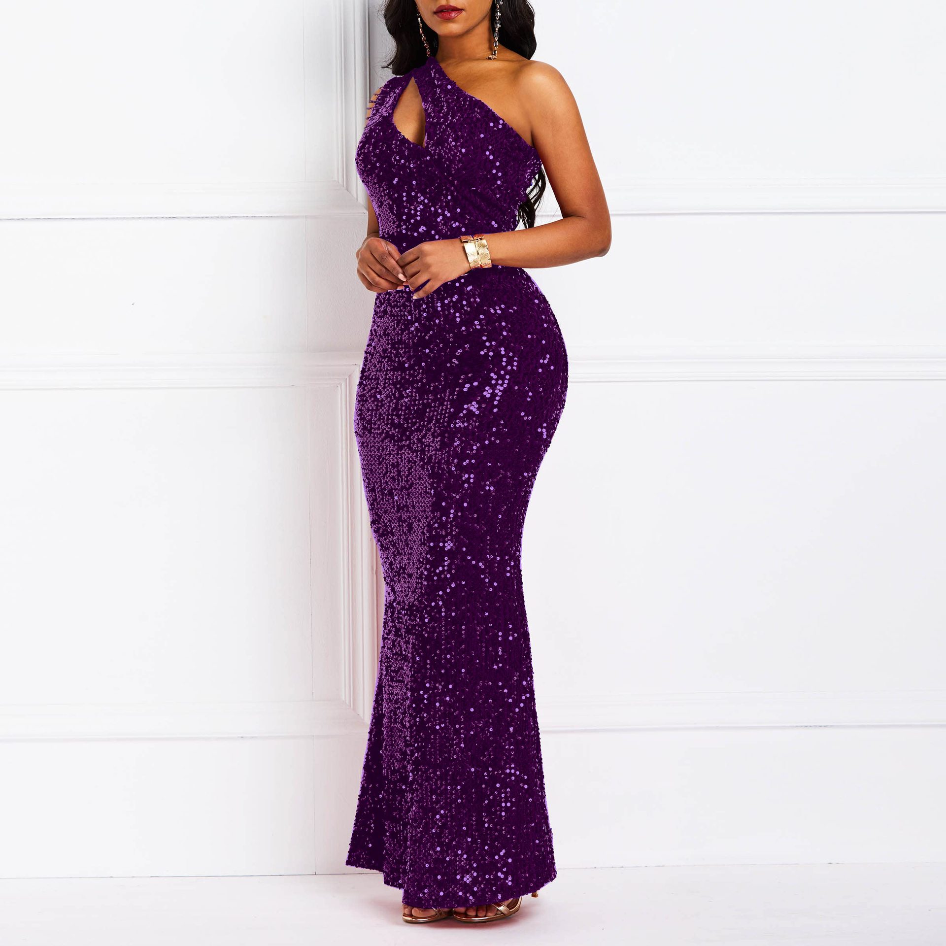 Women's Sequined One-shoulder Solid Color Backless Fishtail Evening Dress - Image 2