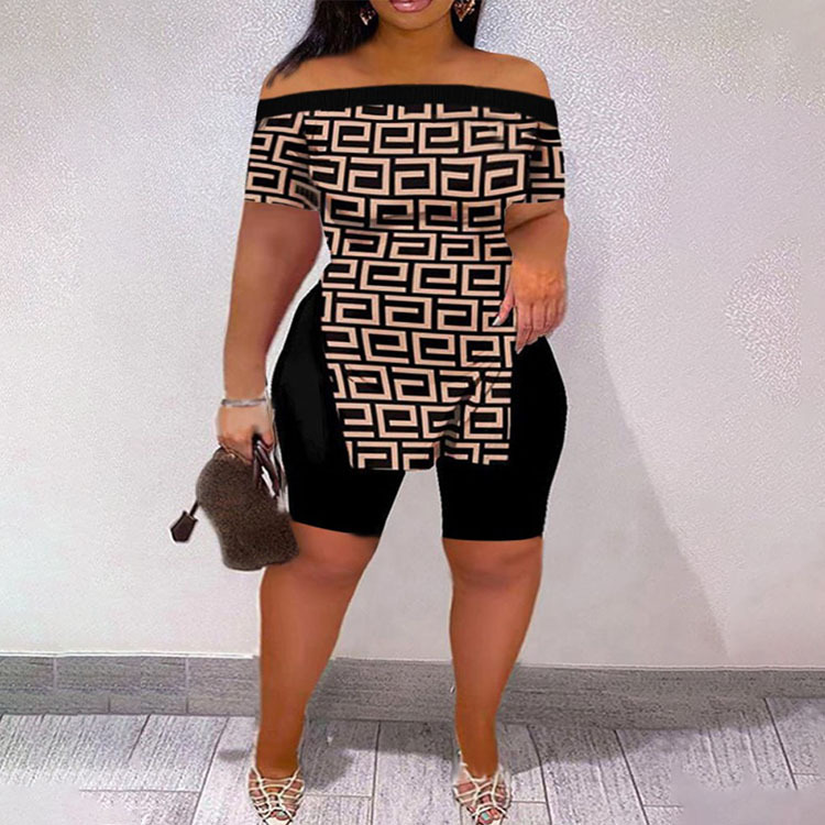 Print Off Shoulder Short Sleeve Split Shorts Set - Image 5